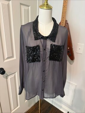 Solemio Gray Sheer Button-Up Blouse with Sequin Collar & Pockets